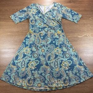 Prana Women's S Teal Paisley Faux Wrap Midi Dress Stretch Boho Style Lightweight